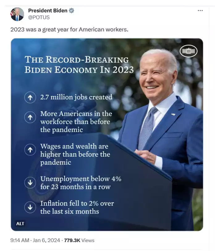 Tweet from President Joe Biden on key 2023 economic stats